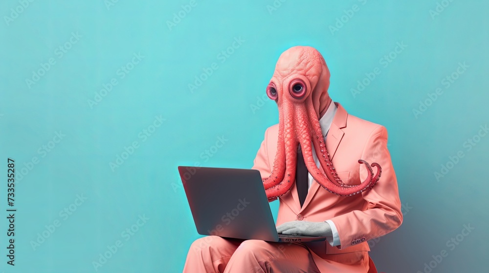 Aufkleber squid in suit using a laptop while working on bright pastel background. advertisement. presentation.