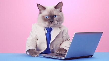 Ragdoll cat in suit using a laptop while working on bright pastel background. advertisement. presentation. commercial. editorial. copy text space.