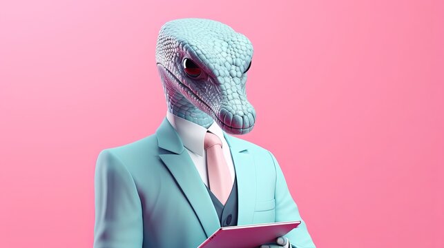 Snake in suit holding a tablet while working on bright pastel background. advertisement. presentation. commercial. editorial. copy text space.