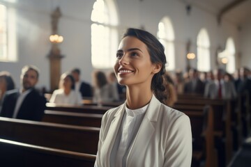 Woman in contemplation during a peaceful church service - obrazy, fototapety, plakaty