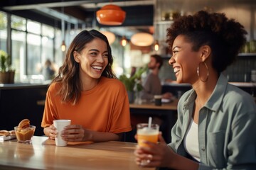 Joyful friends sharing a coffee break at a modern cafe.