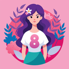 women day Pink-haired girl holds a balloon in a vector illustration, embodying beauty, glamour, and fashion with a touch of sensuality and floral elements