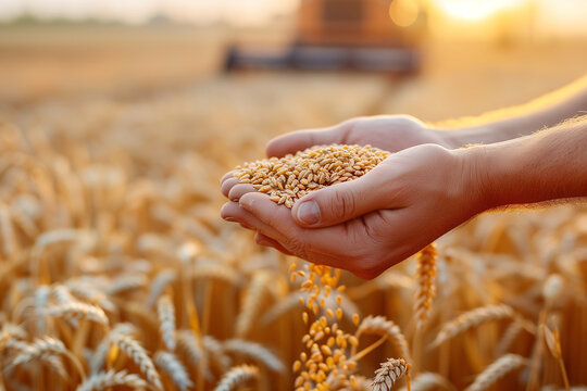 Wheat grain in a farmer hand after harvest by agricultural machinery harvester tractor-trailer.