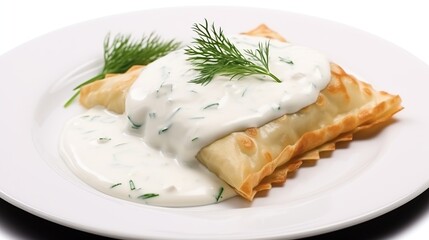 Fototapeta na wymiar Flavorful Bourek with Creamy Yogurt Sauce, A Taste of the Mediterranean. 