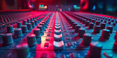 A mixing console for a recording studio in red cinematic studio light. - obrazy, fototapety, plakaty