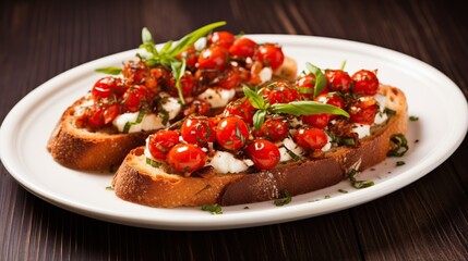 Savor the Flavor: Fresh Bruschetta Topped with Juicy Cherry Tomatoes, A Mouthwatering Italian Delight.
