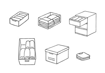 収納ボックス・服の収納イラスト手描き（モノクロ）