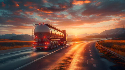 Large fuel tanker. A tanker truck travels on a wet highway reflecting the vibrant sunset skies above rolling hills. Sunset Highway with Reflective Tanker Truck. generative ai - obrazy, fototapety, plakaty