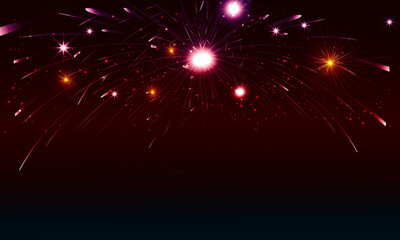Fototapeta premium Colorful fireworks explosion in the night sky with glowing red, pink, and yellow lights. Festive and celebratory background.