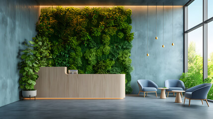 Modern Office Lobby with Lush Vertical Garden. A sophisticated office lobby featuring a striking vertical garden, sleek furniture, and ambient lighting. Generative AI