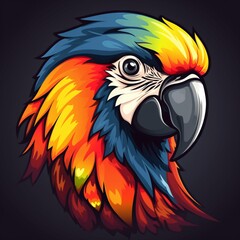 Colorful Parrot / Macaw - Flat Cartoon Logo Design Vector Illustration - Isolated on Black Background