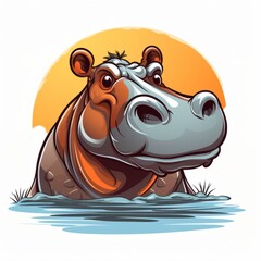 Hippo - Flat Cartoon Logo Design Vector Illustration - Isolated on White Background