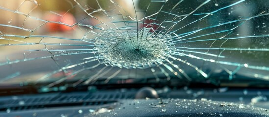 Damaged car windshield with radial cracks due to a stone from another car. Need to fix or replace it after a traffic accident.