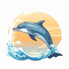 Retro Dolphin - Flat Cartoon Logo Design Vector Illustration - Isolated on White Background