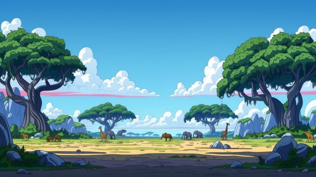 Peaceful Cartoon Landscape with Acacia Trees and Blue Sky