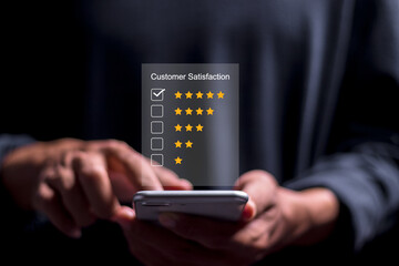 Customer Satisfaction Survey concept, Customer using smartphone give excellent five-star ratings...