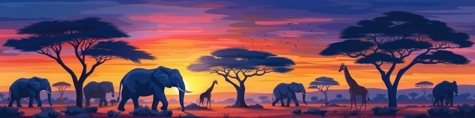 Fototapeta na wymiar Vibrant Sunset Behind Acacia Trees in African Safari Scene