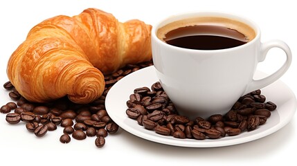 Morning Delight: Croissant & Coffee Against White Background by Generative AI