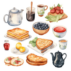 Watercolor of breakfast and coffee set with white background 