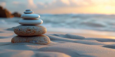 Fototapeta na wymiar The art of balancing zen stones, meditation and concentration stacked on the beach against the backdrop of sunrise