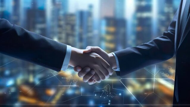 Two businessman shaking hands with blur building city landscape. 4k seamless animation business background