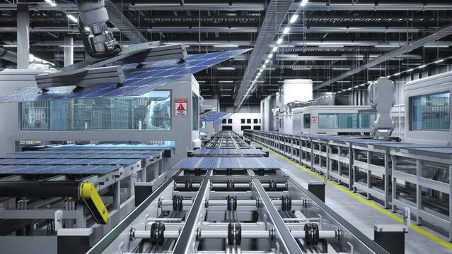 Autonomous robot arms in cutting edge solar panel factory maneuvering photovoltaic modules. PV cells produced in renewable energy facility with assembly lines, 3D animation