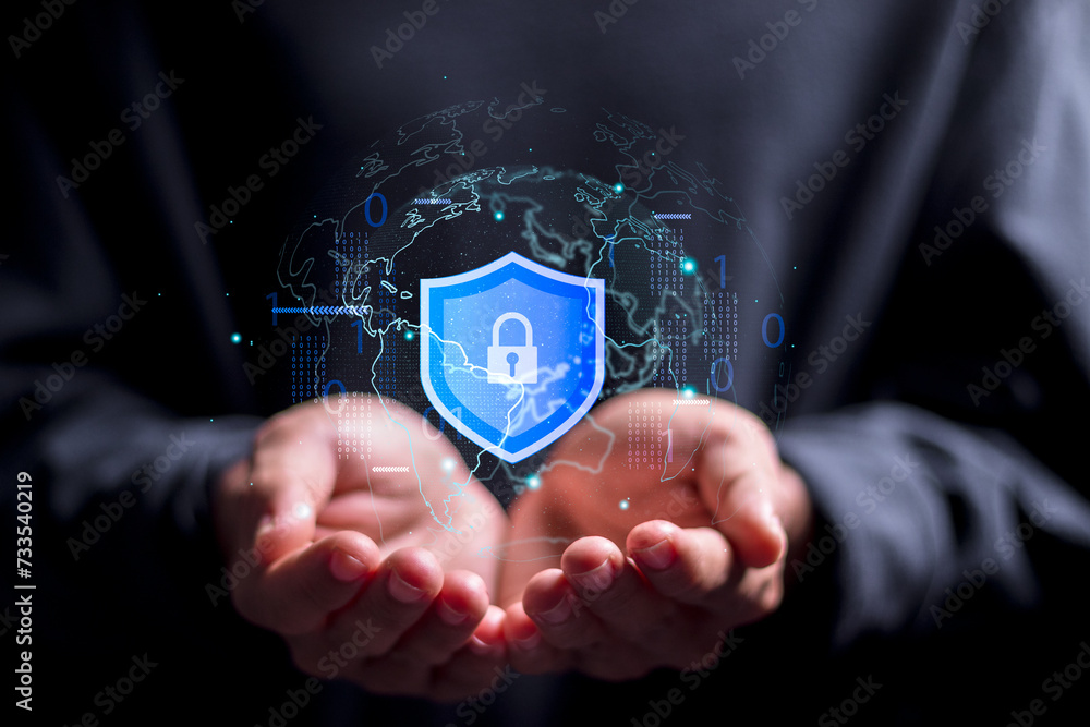Poster protection network security and information security system concept, person holding virtual globe wi
