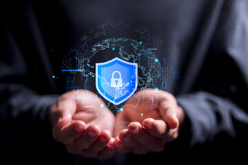 Protection network security and information security system concept, Person holding virtual globe with shield protect icon . Information and cyber security technology services.