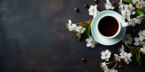 Obraz na płótnie Canvas Coffee cup and spring flowers on a black background, top view, copy space