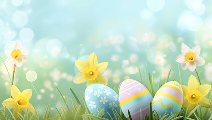 Pastel Easter egg background with colorful Easter eggs and bright daffodils.