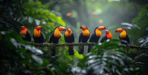 Papier Peint photo Toucan Spectacular Toucan Flock Perched in Canopy Capture the vibrant colors and cacophonous calls of a flock of toucans as they perch in the dense canopy of the jungle, their rainbow-hued plumage adding