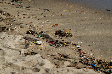 Dirty beach a lot of trash landscape.