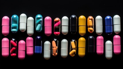 Colorful pill capsules against a black background.