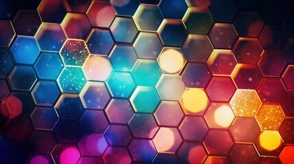 Colorful hexagon and circle bokeh with glitter, neon lights, and depth of field.