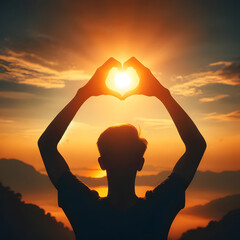 a silhouette of a person standing with their back to the viewer, raising both arms to form a heart shape with their hands, the sun is positioned directly behind the heart shape