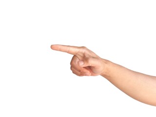 Male hand making a pointing gesture isolated on a white background.	