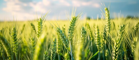 Fototapeta premium Organic food closeup: agricultural field with green unripe cereals.