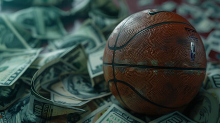 Exciting Moment in Eveleth, MN - USA - 03-08-2022: NCAA Final Four Basketball Game Featuring NIL (Name Image Likeness) and Surrounded by Money