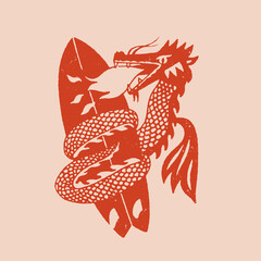 Red fire dragon holding surfboard print. Teed design. Vector illustration - 733541412