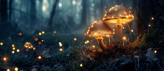 Close-up shot of three glowing mushrooms in a mysterious, dark forest, resembling lost souls in an enchanted Avatar-like setting, with fairy lights and fog creating a magical ambiance.