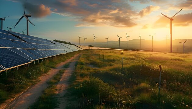 Solar cells and wind turbines generating electricity in power station alternative renewable energy
