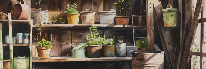a watercolor of a garden shed with pots and containers, generative AI - obrazy, fototapety, plakaty