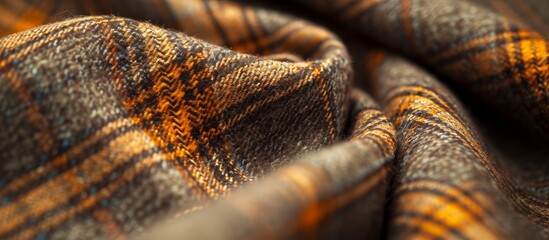 Close up background of plaid suit's brown Scottish wool fabric.