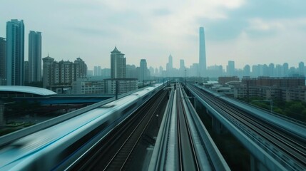 Fototapeta na wymiar A blurry image of a train traveling over a city.