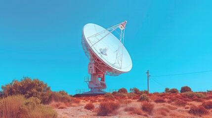Huge radio telescope aimed directly into sky in middle of deserted desert catching signals. Decoding celestial messages.