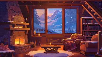 Cosy Chalet Living Room with Winter Mountain View