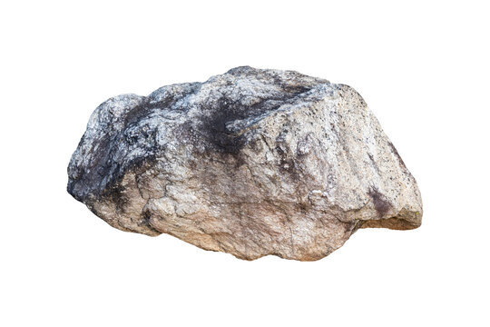 Natural single rough solid grey stone cut out isolated on white background for garden and landscape design object