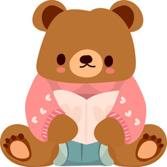Obraz premium Cute bear saying love to mom and flowers and spring leaves cute hand-drawn illustration