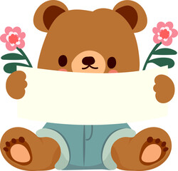 Cute bear saying love to mom and flowers and spring leaves cute hand-drawn illustration
