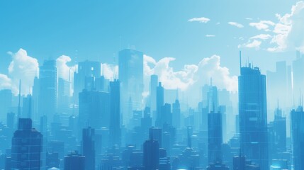 A blue city skyline with tall buildings. - obrazy, fototapety, plakaty